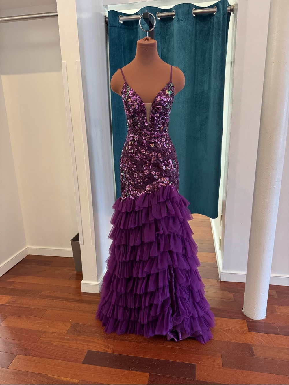 Purple Sequin & Ruffle Corset-Back Gown